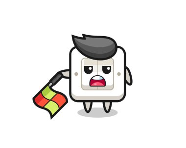 Çizgi hakemi olarak ışık anahtarı karakteri bayrağı 45 derecelik açıyla tutun, tişört, çıkartma, logo elementi için şirin bir tasarım.