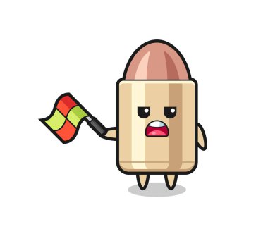 Çizgi film karakteri hakimi bayrağı 45 derecelik açıyla kaldırıyor. Gömlek, çıkartma, logo elementi için şirin bir tasarım.