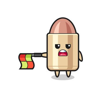 çizgi yargıcı olarak kurşun karakteri bayrağı yatay tut, tişört, etiket, logo elementi için şirin tasarım