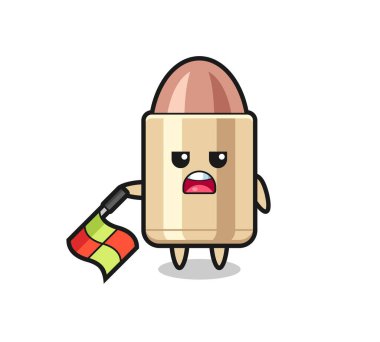 Çizgi yargıcı olarak kurşun karakteri bayrağı 45 derecelik açıyla aşağıda tutun, tişört, çıkartma, logo elementi için şirin bir tasarım.