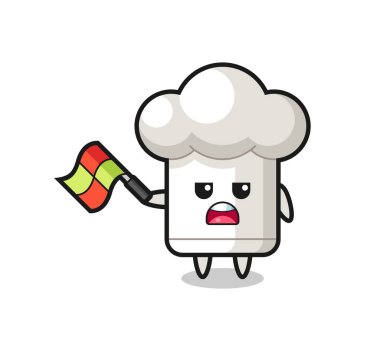 Şef şapka çizgi filmi çizgi film yargıcı olarak bayrağı 45 derecelik açıyla kaldırın, tişört, çıkartma, logo elementi için şirin bir tasarım yapın.