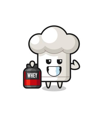 Kaslı şef şapka karakteri bir protein takviyesi tutuyor. Tişört, çıkartma, logo elementi için şirin bir tasarım.