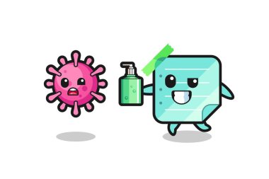 Mavi yapışkan notların el dezenfektanı ile kötü virüsü kovalayan karakteri, tişört, çıkartma, logo elementi için şirin bir tasarım.