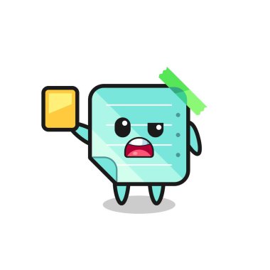 Bir futbol hakemi olarak mavi çizgi film karakteri sarı kart veriyor, tişört, çıkartma, logo elementi için şirin bir tasarım.