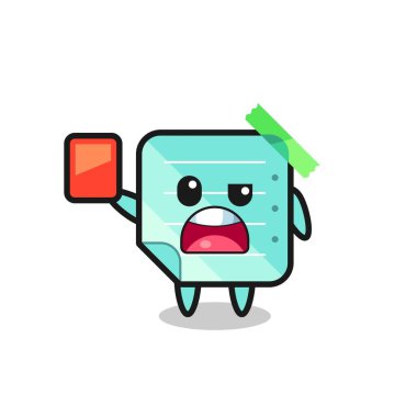 Mavi yapışkan notlar sevimli maskot hakem kırmızı kart veriyor, tişört, çıkartma, logo elementi için şirin bir tasarım.