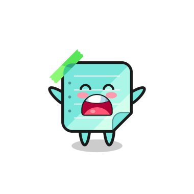 Şirin mavi yapışkan notlar, esneme ifadesi olan maskot, tişört, çıkartma, logo elementi için şirin bir tasarım.