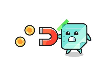 Mavi yapışkan notların karakteri altın sikkeleri yakalamak için bir mıknatıs tutar, tişört, etiket, logo elementi için şirin bir tasarım.