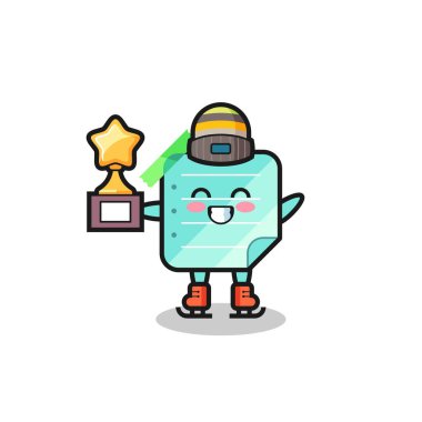 Mavi yapışkan notlar karikatür buz patencisi kazanan kupa, tişört, etiket, logo elementi için şirin bir tasarım