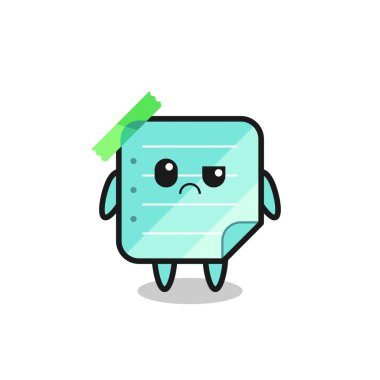 Şüpheli yüzlü mavi yapışkan notların maskotu tişört, etiket, logo elementi için şirin bir tasarım.