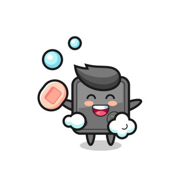 Güvenli kutu karakteri sabun tutarken banyo yapıyor. Tişört, çıkartma, logo elementi için şirin bir tasarım.