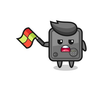 Hat yargıcı olarak güvenli kutu çizgi filmi bayrağı 45 derecelik açıyla tutun, tişört, çıkartma, logo elementi için şirin bir tasarım.