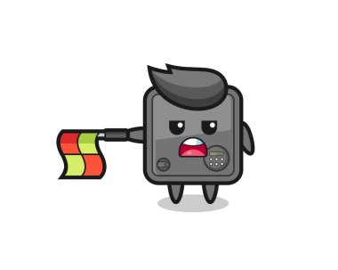 Çizgi hakimi olarak güvenli kutu karakteri bayrağı yatay tutun, tişört, etiket, logo ögesi için şirin bir tasarım yapın