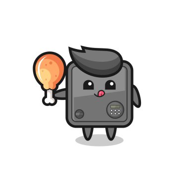 Kasa şirin maskot kızarmış tavuk yiyor. Tişört, çıkartma, logo elementi için şirin bir tasarım.