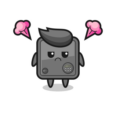 Sevimli güvenli kutu çizgi film karakterinin rahatsız edici ifadesi, tişört, etiket, logo ögesi için şirin tarz tasarımı