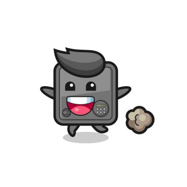 Koşu pozlu mutlu güvenli kutu karikatürü, tişört, etiket, logo ögesi için şirin bir tasarım.