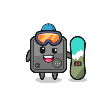 Snowboard stili güvenli kutu karakteri tasviri, tişört, çıkartma, logo elementi için şirin tasarım