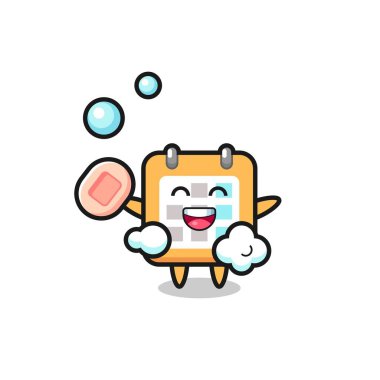 Takvim karakteri sabun tutarken banyo yapıyor, tişört, etiket, logo ögesi için şirin bir tasarım.