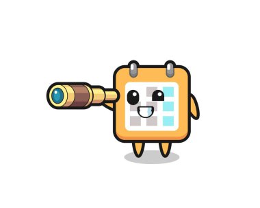 Şirin takvim karakteri eski bir teleskop tutuyor, tişört, etiket, logo ögesi için şirin bir tasarım.