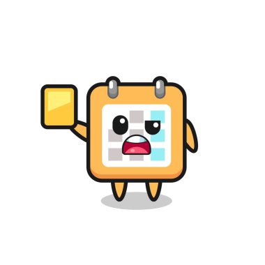 Futbol hakemi olarak çizgi film karakteri sarı kart veriyor, tişört, etiket, logo elementi için şirin bir tasarım.