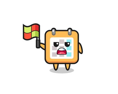 Çizgi hakimi olarak takvim karakteri bayrağı kaldırıyor, tişört, etiket, logo ögesi için şirin bir tasarım