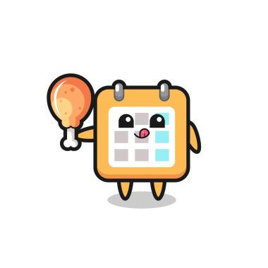 Takvim maskotu kızarmış tavuk yiyor. Tişört, çıkartma, logo elementi için şirin bir tasarım.