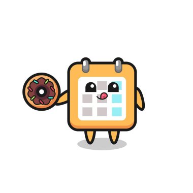 Tişört, etiket, logo ögesi için tatlı bir tasarım olan donut yiyen bir takvim karakterinin çizimi