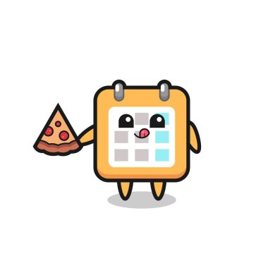 Tatlı takvim çizgi filmi pizza yiyor, tişört, etiket, logo elementi için şirin bir tasarım.