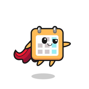 Şirin takvim süper kahramanı uçuyor, tişört, etiket, logo elementi için şirin bir tasarım.