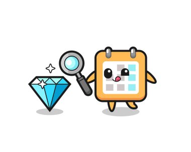 Takvim maskotu bir elmasın orijinalliğini kontrol ediyor, tişört, etiket, logo ögesi için şirin bir tasarım.