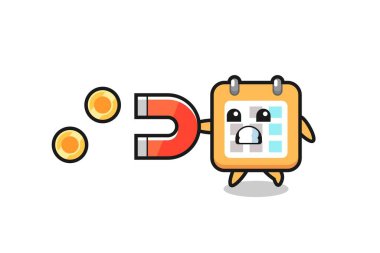 Takvim karakteri altın sikkeleri yakalamak için bir mıknatıs tutar, tişört, etiket, logo elementi için şirin bir tasarım