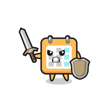 Şirin takvim askeri kılıçla ve kalkanla savaşıyor. Tişört, çıkartma, logo elementi için şirin bir tasarım.