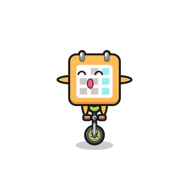 Şirin takvim karakteri sirk bisikleti sürüyor. Tişört, çıkartma, logo elementi için şirin bir tasarım.