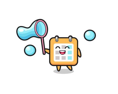 Mutlu takvim karikatürü sabun köpüğü oynuyor, tişört, etiket, logo ögesi için şirin bir tasarım