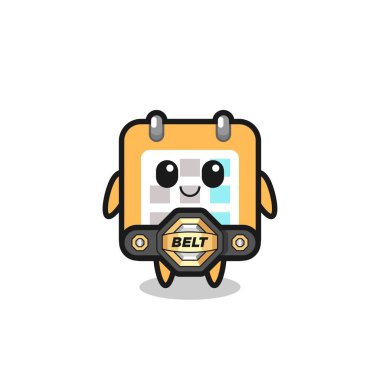 Kemerli MMA dövüşçü takvimi maskotu. Tişört, çıkartma, logo elementi için şirin bir tasarım.