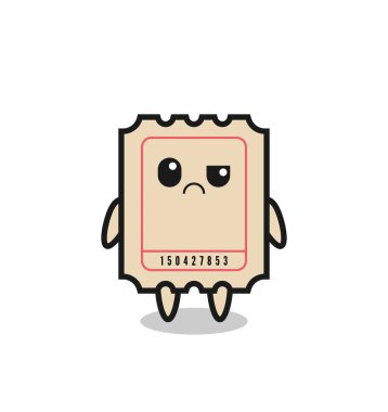 Biletin maskotu, şüpheli yüzlü, tişört, çıkartma, logo elementi için şirin bir tasarım.