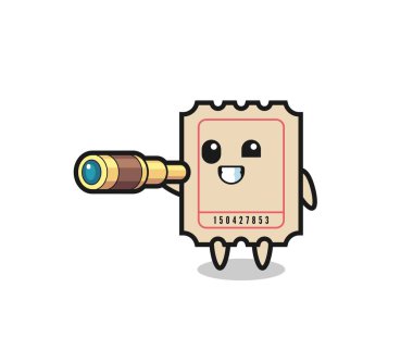 Şirin bilet karakteri eski bir teleskop tutuyor. Tişört, çıkartma, logo elementi için şirin bir tasarım.