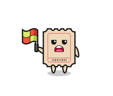 Çizgi hakimi olarak bilet karakteri bayrağı kaldırıyor, tişört, etiket, logo ögesi için şirin bir tasarım.