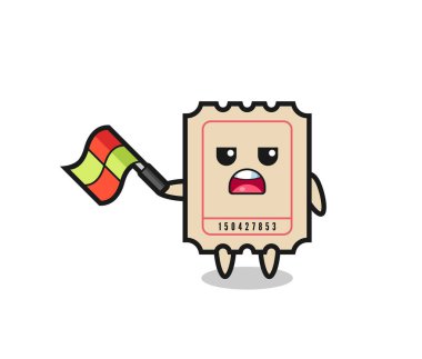 Bilet karikatürü jürisi olarak bayrağı 45 derecelik açıyla kaldırın, tişört, çıkartma, logo elementi için şirin bir tasarım.