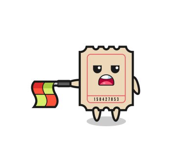 Çizgi hakimi olarak bilet karakteri bayrağı yatay tutun, tişört, etiket, logo ögesi için şirin bir tasarım yapın