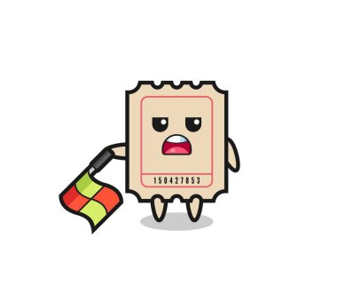 Çizgi hakimi olarak bilet karakteri bayrağı 45 derecelik açıyla tutun, tişört, etiket, logo elementi için şirin bir tasarım.