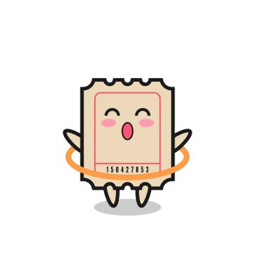 Şirin bilet karikatürü hula hoop oynuyor. Tişört, çıkartma, logo elementi için şirin bir tasarım.