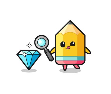 Kalem maskotu elmasın orijinalliğini kontrol ediyor, tişört, çıkartma, logo elementi için şirin bir tasarım.