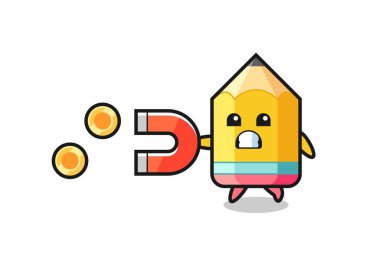 Kalem karakteri altın sikkeleri yakalamak için bir mıknatıs tutar, tişört, etiket, logo elementi için şirin bir tasarım