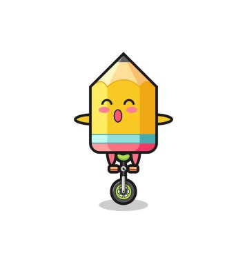 Şirin kalem karakteri sirk bisikleti sürüyor. Tişört, çıkartma ve logo için şirin bir tasarım.