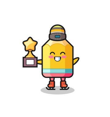 Bir buz patencisi olarak kalem karikatürü. Kazanan kupa, tişört, etiket, logo elementi için şirin bir tasarım.