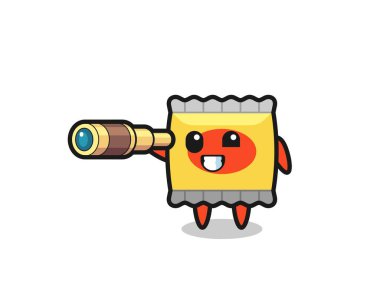 Tatlı abur cubur karakteri eski bir teleskop tutuyor. Tişört, çıkartma, logo elementi için şirin bir tasarım.