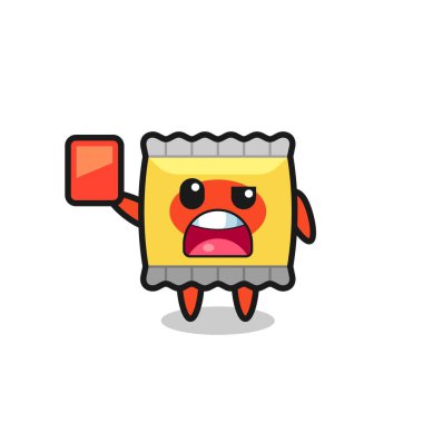 Hakem olarak tatlı maskot kırmızı kart veriyor. Tişört, çıkartma, logo elementi için şirin bir tasarım.