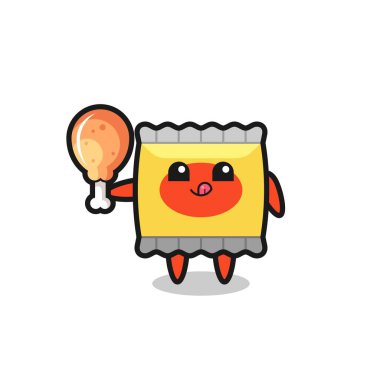 Tatlı maskot kızarmış tavuk yiyor. Tişört, çıkartma ve logo için şirin bir tasarım.