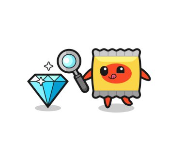 Atıştırmalık maskot elmasın orijinalliğini kontrol ediyor. Tişört, çıkartma, logo elementi için şirin bir tasarım.