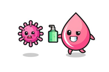 Çilek suyu karakteri el dezenfektanı ile kötü virüsü kovalıyor tişört, çıkartma, logo elementi için şirin bir tasarım.